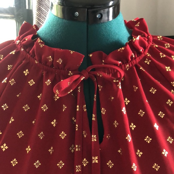 Time and Tru Red & Gold Dress Blouse w/ Ruched collar and Smocked Sleeve Cuffs - Picture 3 of 13